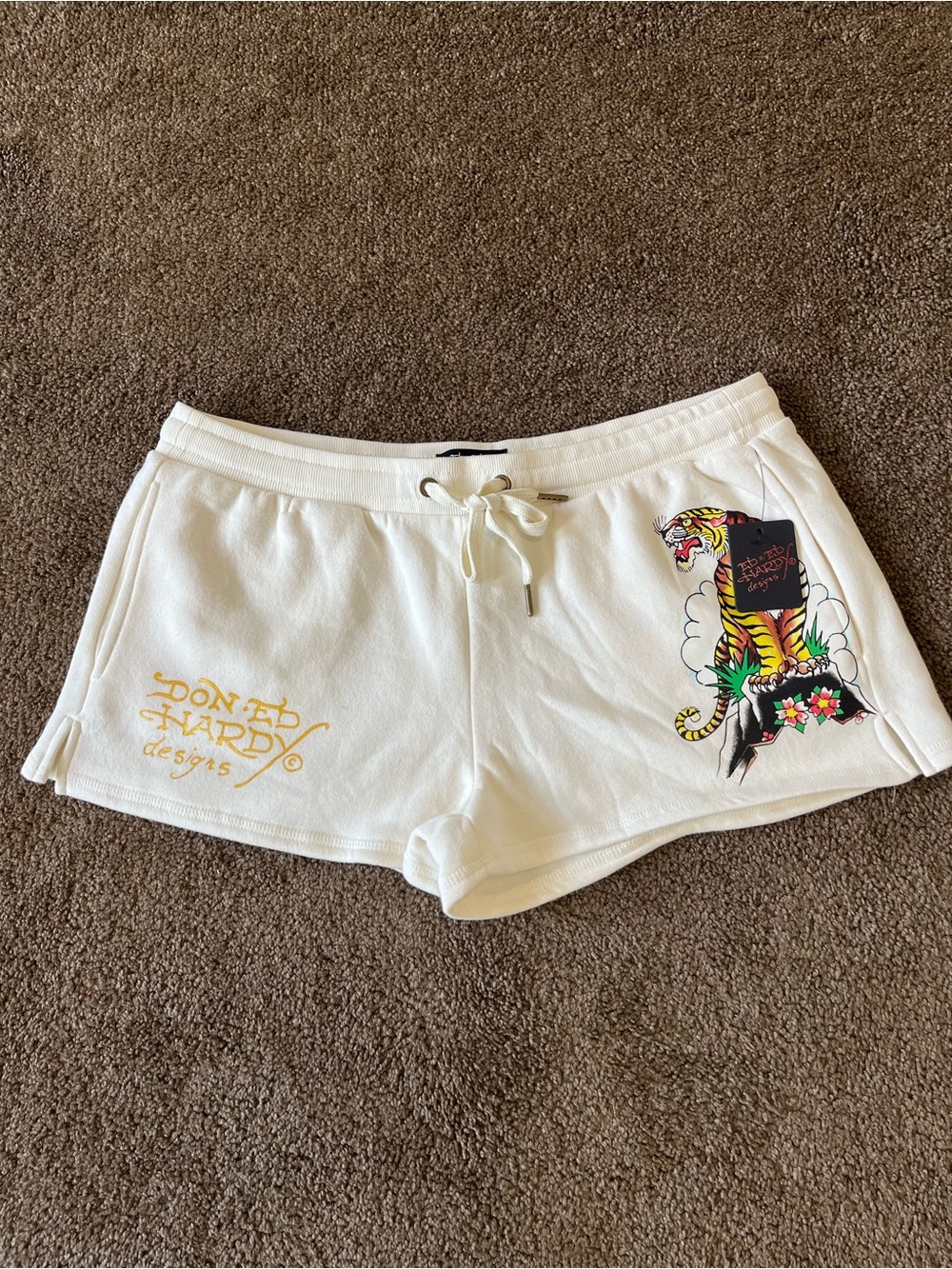 Ed Hardy Designs Ivory Tiger Graphic Drawstring Lounge Shorts XL NWT